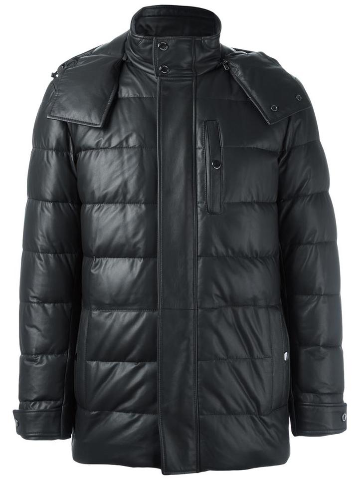 Pal Zileri Padded Leather Jacket, Men's, Size: 54, Black, Lamb Skin