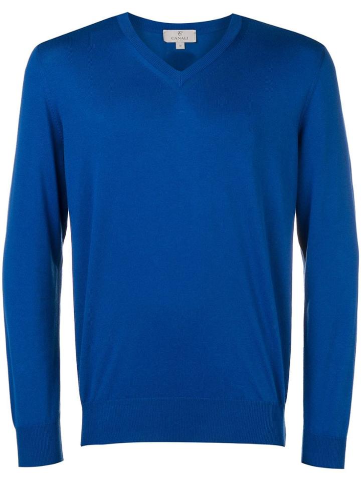 Canali V-neck Knitted Sweater - Blue