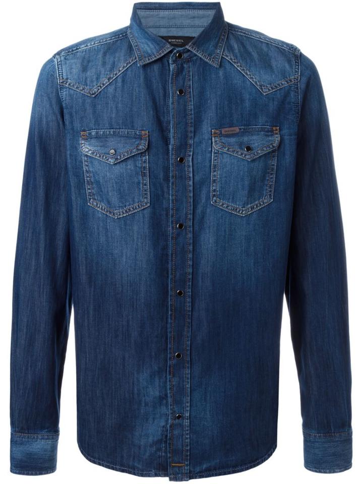Diesel 'new-sonora' Stonewashed Denim Shirt, Men's, Size: Large, Blue, Cotton
