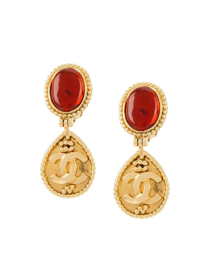 Cc Logo Stone Clip-on Earrings, Women's, Metallic, Chanel Vintage