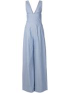 Fleur Du Mal Deep V-neck Flared Jumpsuit, Women's, Size: 2, Blue, Cotton