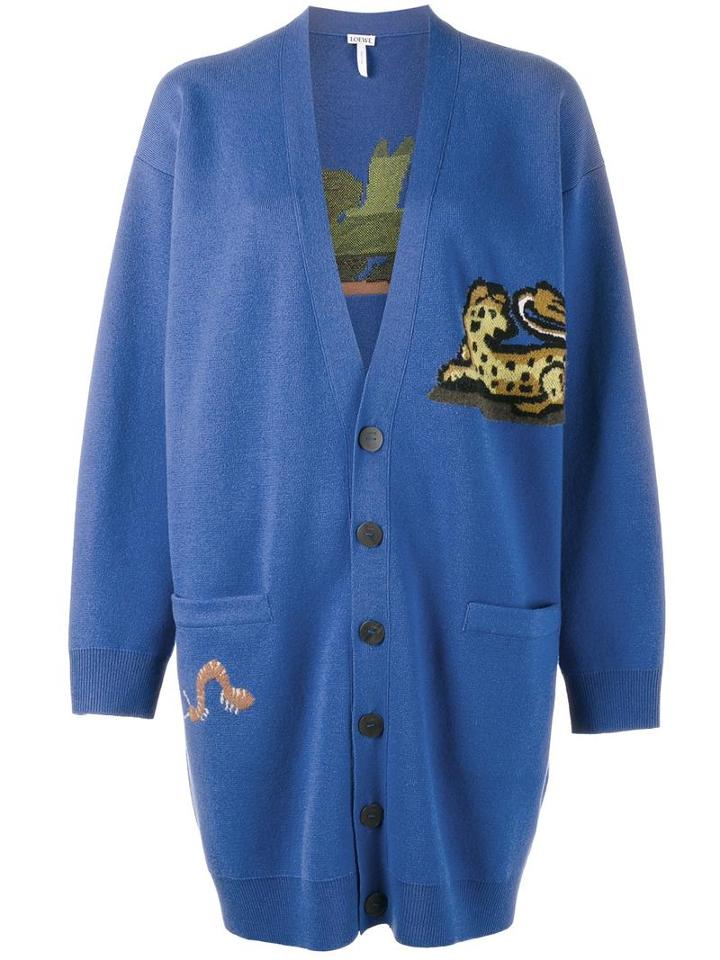 Loewe Animal Intarsia Cardigan, Women's, Size: Small, Blue, Virgin Wool/viscose/mohair