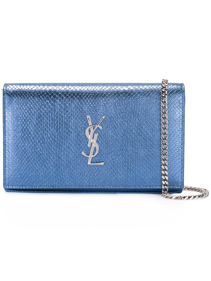 Saint Laurent Monogram Chain Wallet, Women's, Blue, Calf Leather