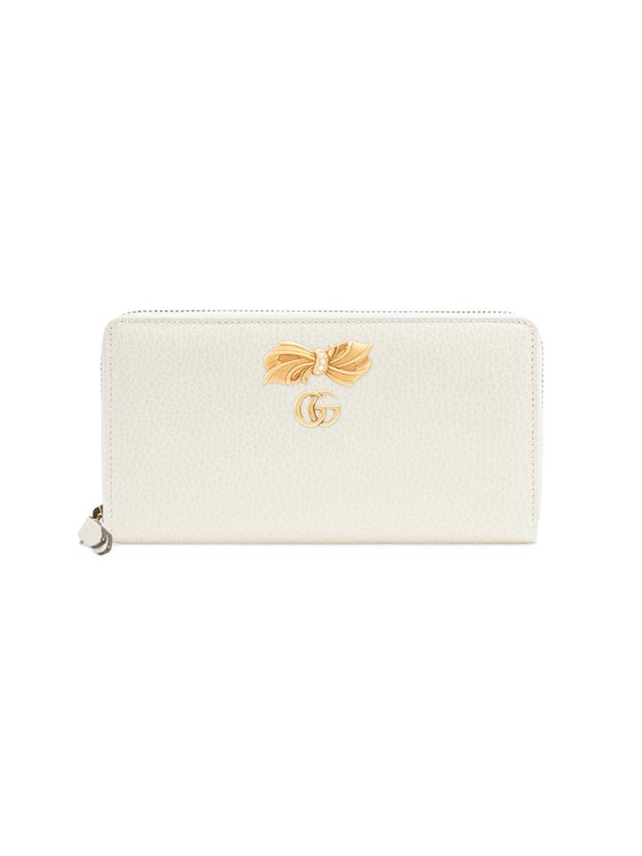 Gucci Leather Zip Around Wallet With Bow - White