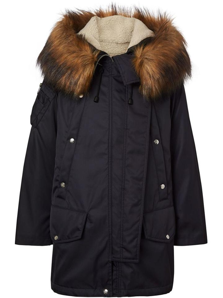 Burberry Faux Fur Trim Parka With Detachable Warmer - Blue