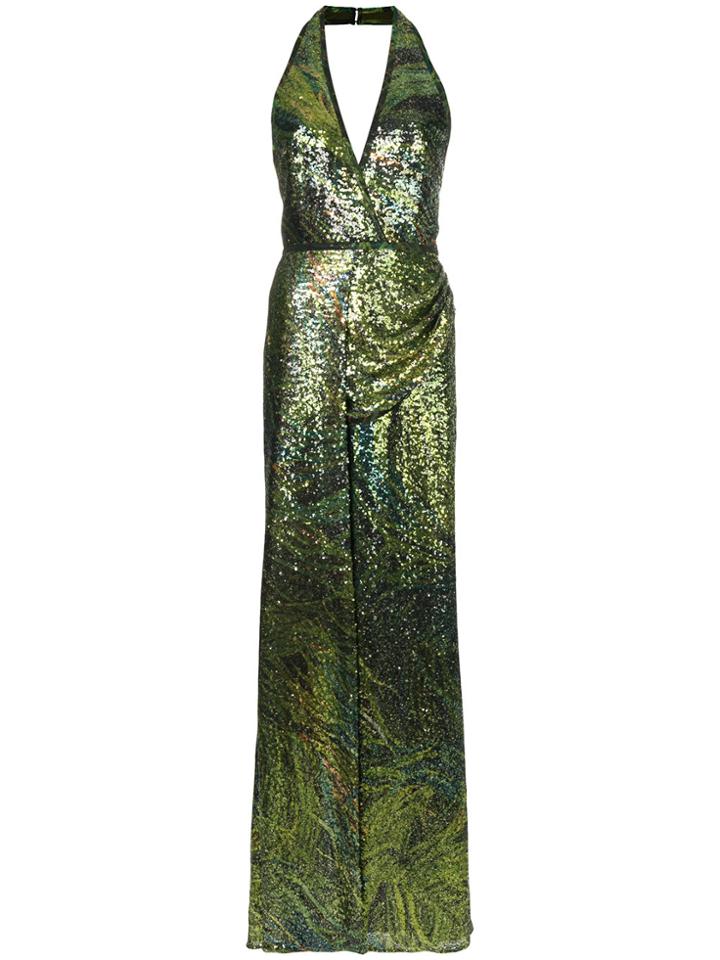 Elie Saab Glitter Effect Halterneck Evening Dress - Green