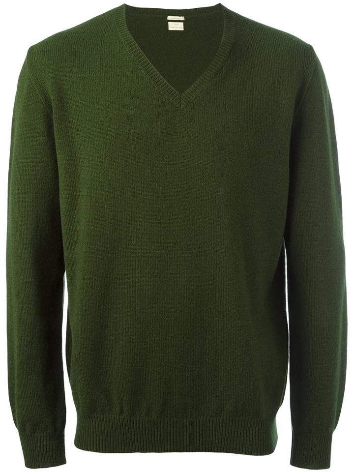 Massimo Alba V-neck Sweater, Men's, Size: Large, Green, Wool