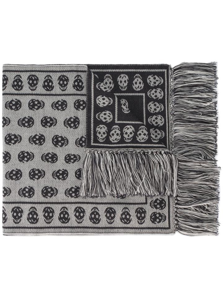 Alexander Mcqueen Skull Print Fringed Scarf - Grey