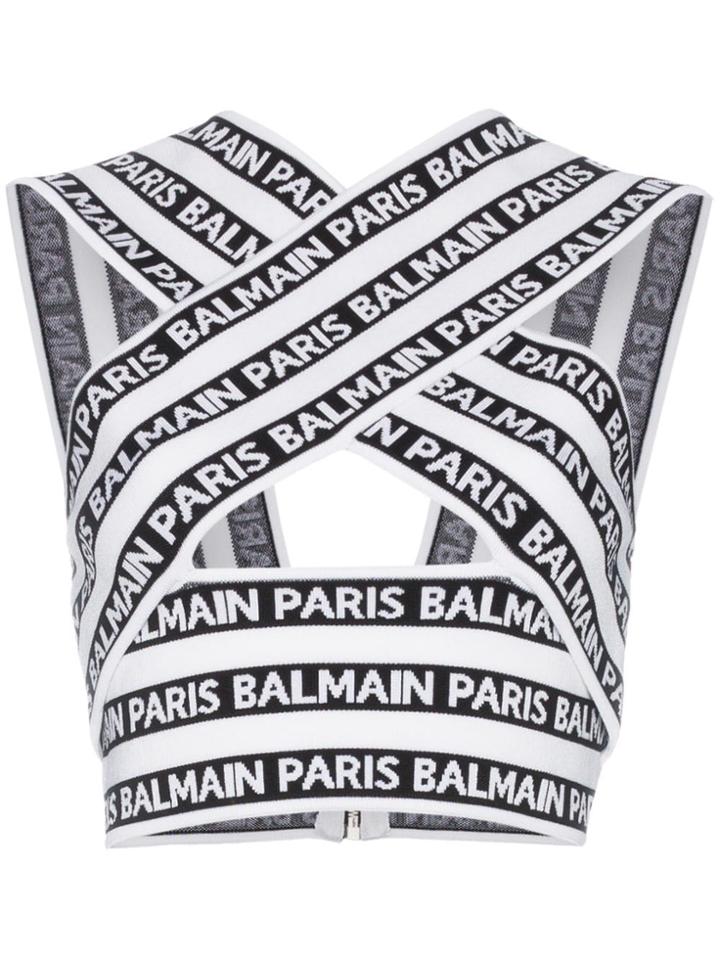 Balmain Knit Cross Neck Logo Top - White