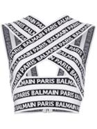Balmain Knit Cross Neck Logo Top - White