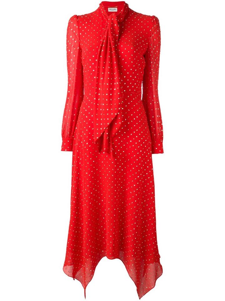 Saint Laurent Glitter Embellished Dress, Women's, Size: 44, Red, Silk