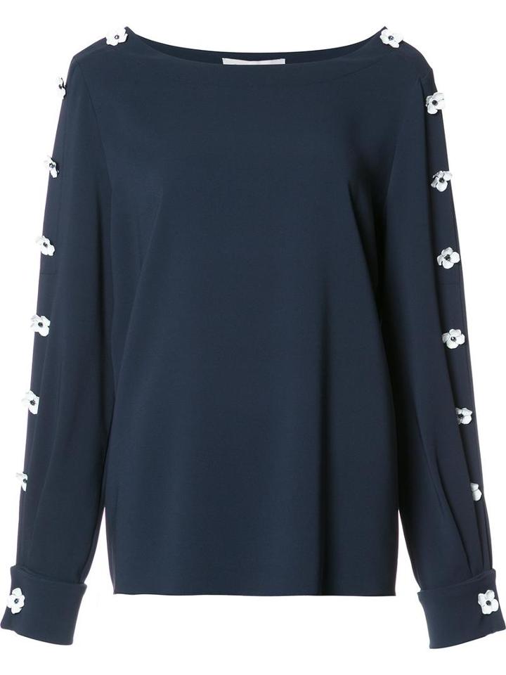 Carolina Herrera Flower Appliqué Boatneck Blouse, Women's, Size: 10, Blue, Silk/metal/spandex/elastane