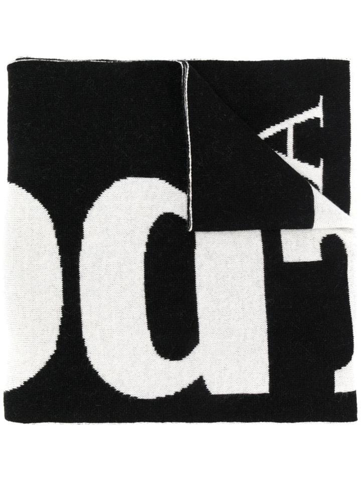 Msgm Knitted Wool Logo Scarf - Black