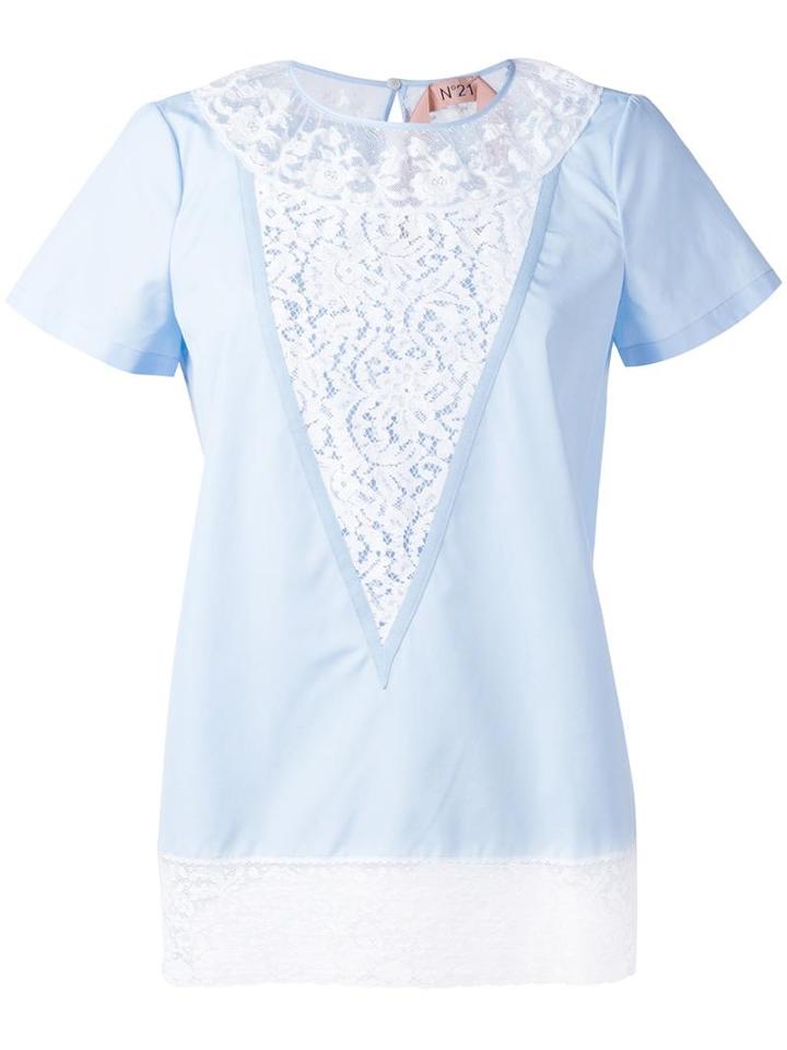 No21 Lace Panel T-shirt, Women's, Size: 42, Blue, Cotton