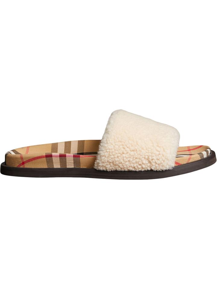 Burberry Vintage Check Shearling Slides - White