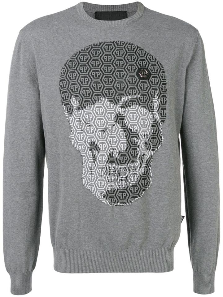 Philipp Plein Logo Skull Embroidered Sweater - Grey