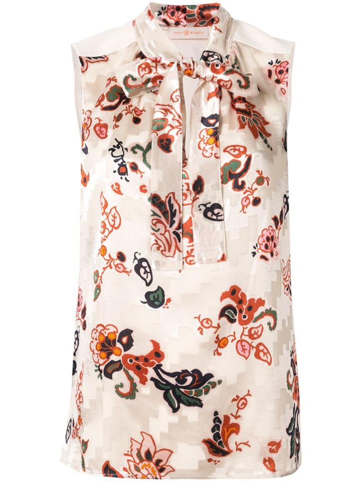 Tory Burch Floral-print Pussy Bow Top - Neutrals
