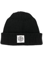 Stone Island Front Patch Ribbed Beanie, Men's, Blue, Cotton/polyester
