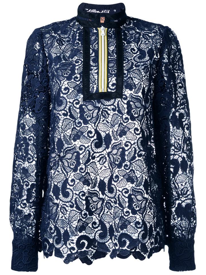 No21 Zip-neck Lace Top, Women's, Size: 40, Blue, Cotton/polyester/viscose