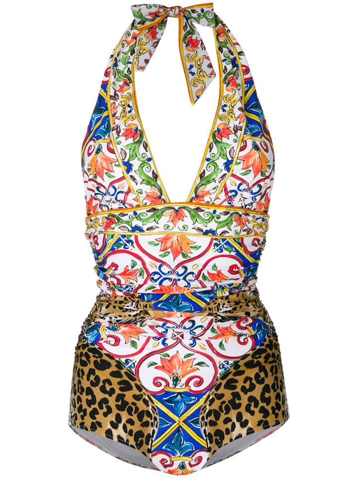 Dolce & Gabbana Majolica Leopard Print Swimsuit - Blue