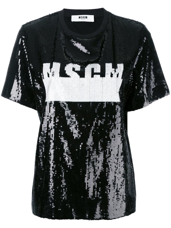 Msgm Logo Sequinned T-shirt, Women's, Size: 40, Black, Polyester/polyamide