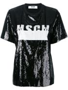 Msgm Logo Sequinned T-shirt, Women's, Size: 40, Black, Polyester/polyamide