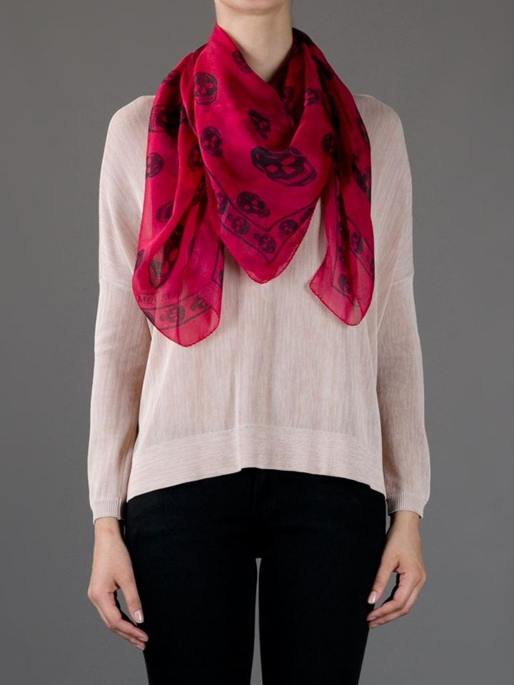 Alexander Mcqueen Skull Print Scarf, Women's, Red, Silk
