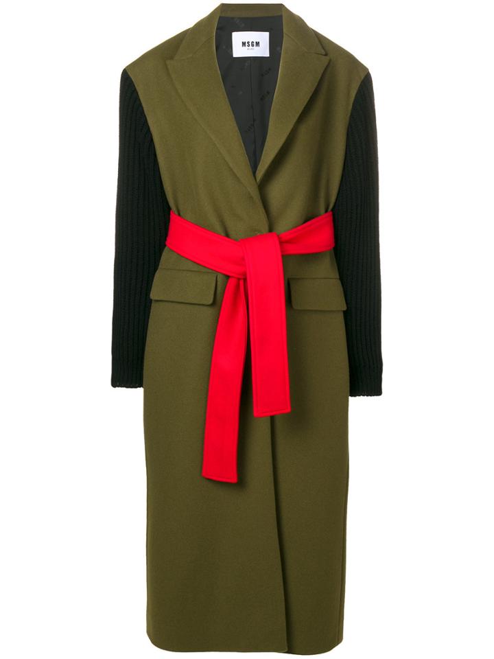 Msgm Belted Ribbed Sleeve Coat - Green
