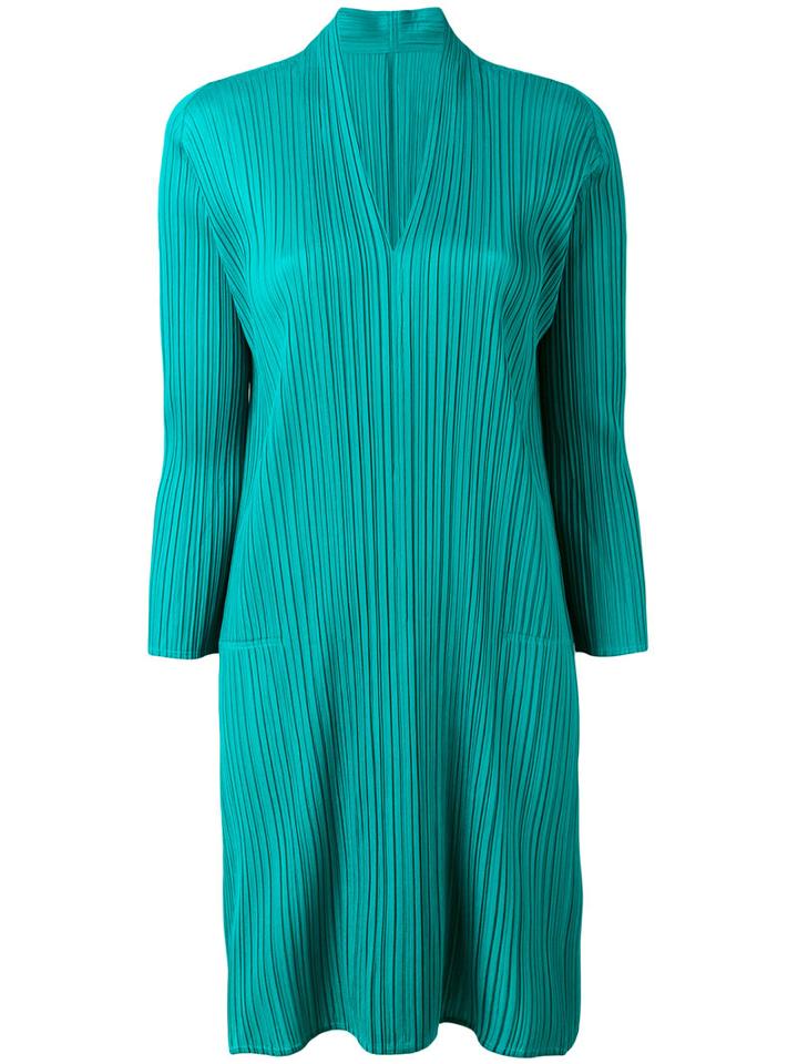 Pleats Please By Issey Miyake - Pleated V-neck Dress - Women - Polyester - 2, Green, Polyester