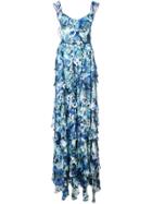 Marchesa Notte Long Sleeveless Ruffle Dress - Blue