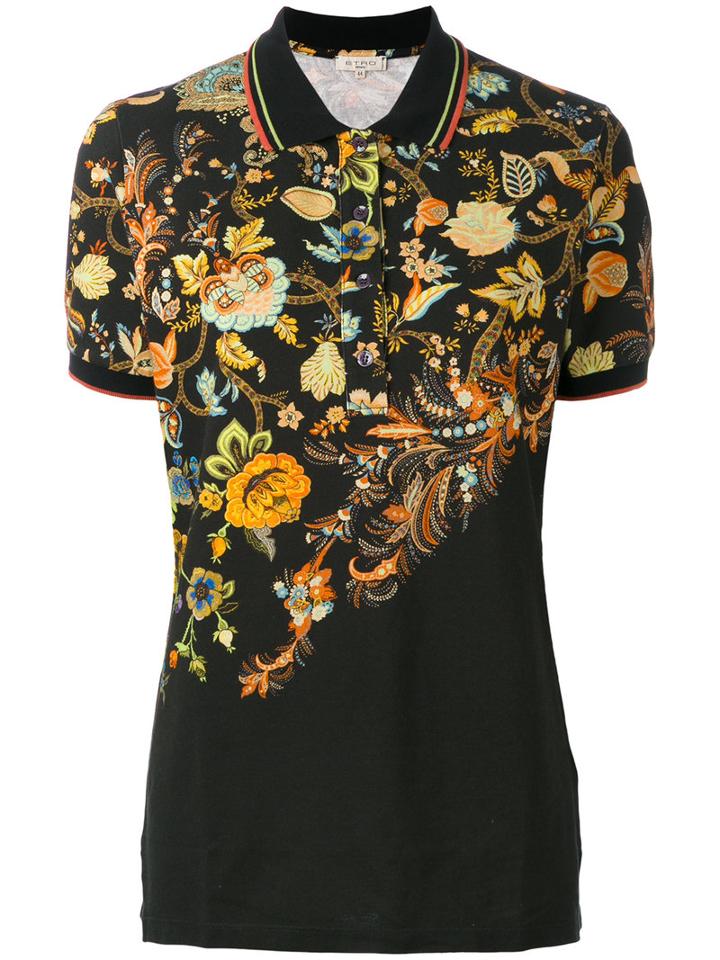 Etro Floral Print Polo Shirt, Women's, Size: 42, Black, Cotton/spandex/elastane