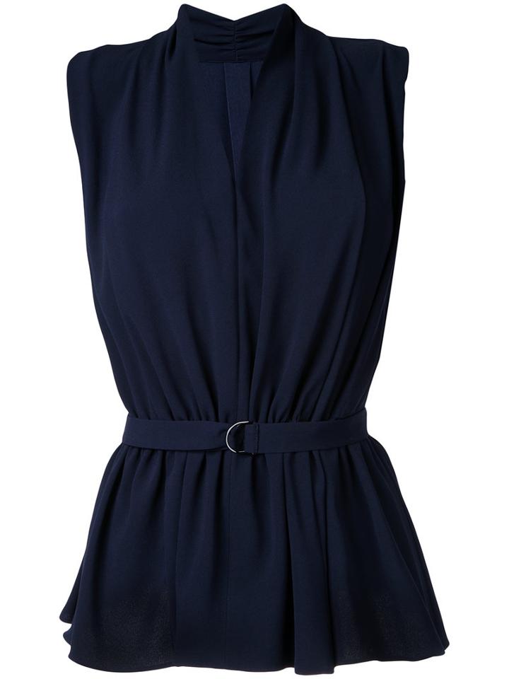 Estnation - Shawl Lapel Belted Blouse - Women - Polyester/triacetate - 38, Blue, Polyester/triacetate