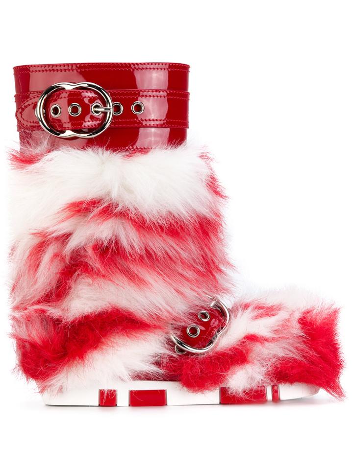 Miu Miu Striped Shearling Fur Boots - Red