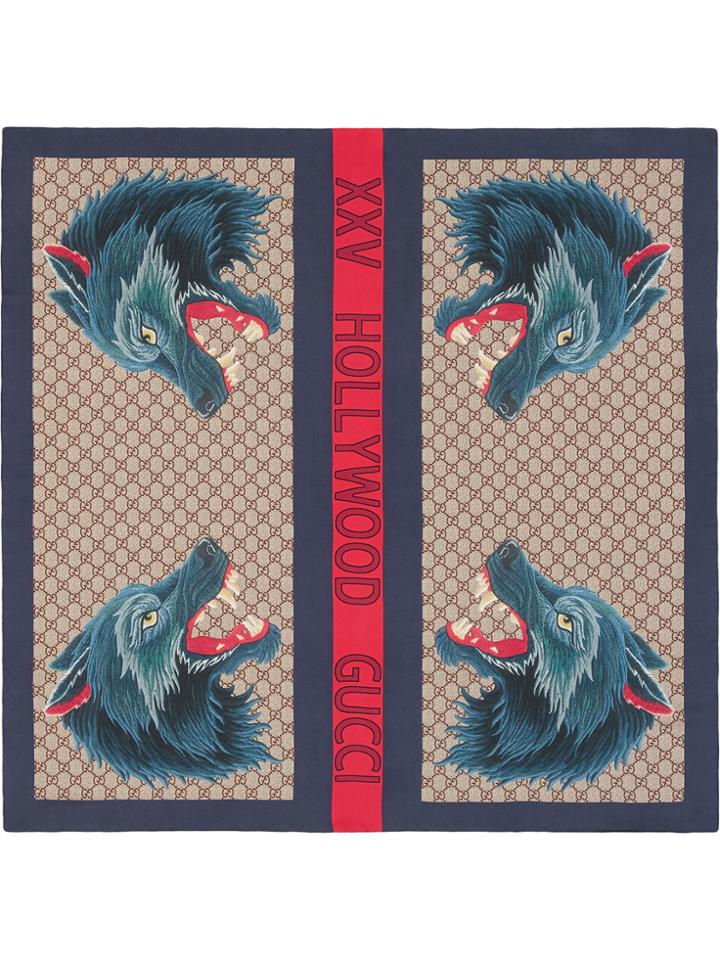 Gucci Wolf Web Print Silk Scarf - Blue
