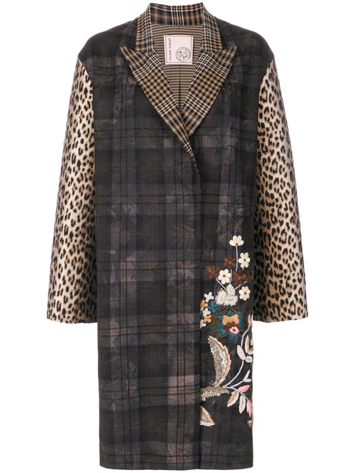 Antonio Marras Floral Embroidery Checked Coat - Brown