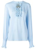Dolce & Gabbana Embellished Ruffled Placket Blouse, Women's, Size: 44, Blue, Silk/spandex/elastane