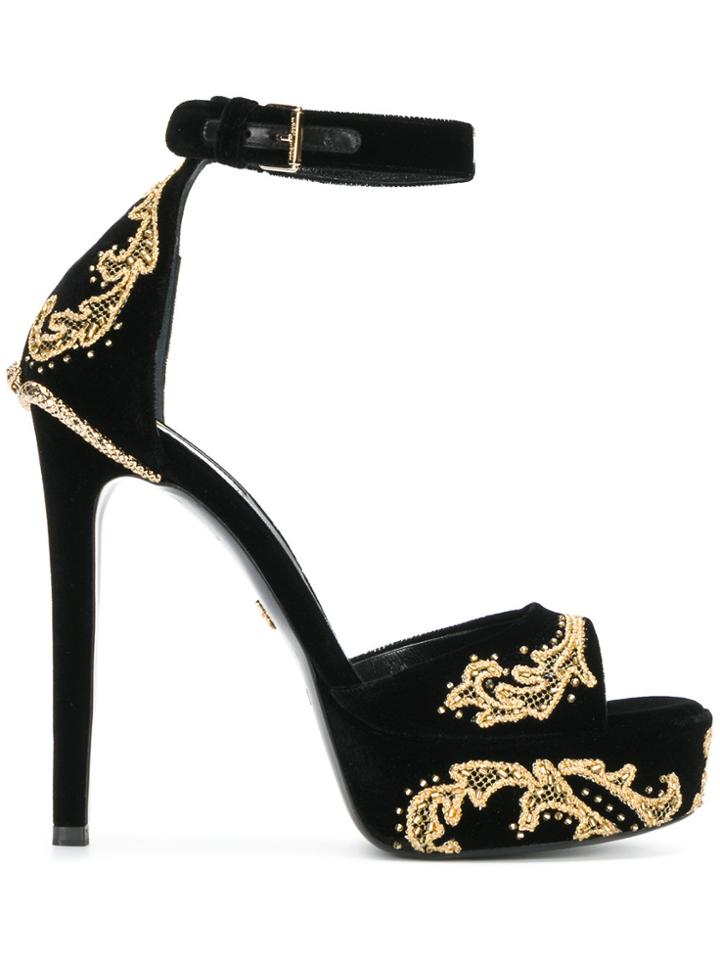 Roberto Cavalli Embroidered Stiletto Sandals - Black