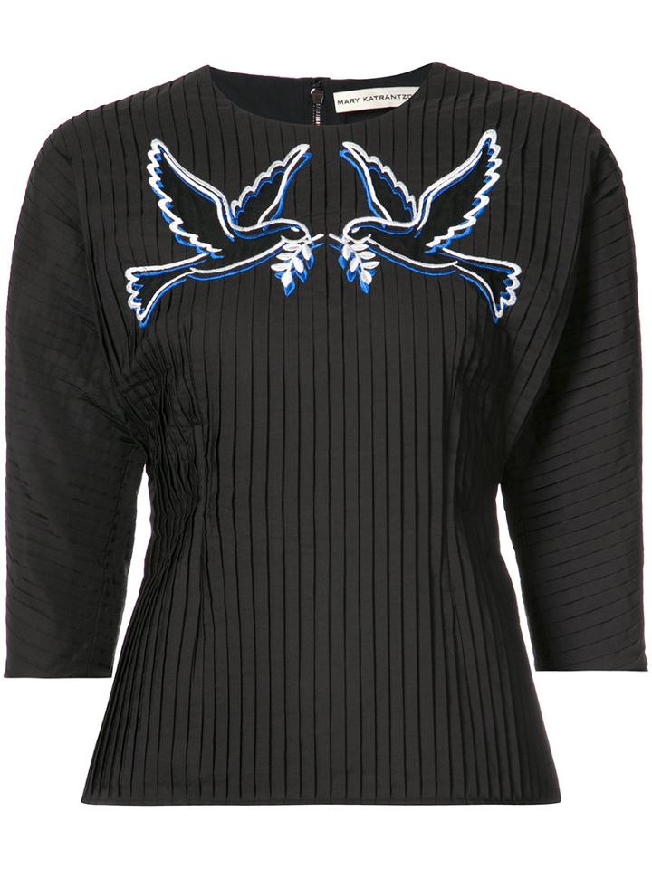 Mary Katrantzou - Pleated Dove Motif Blouse - Women - Cotton/polyester - 10, Women's, Black, Cotton/polyester