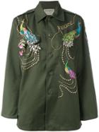 Night Market Peacock Embroidered Army Jacket, Women's, Green, Cotton/polyester/metal (other)/glass