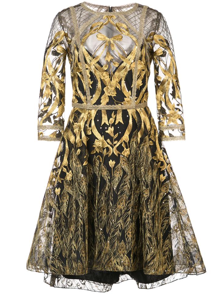 Marchesa Notte Mesh Overlay Metallic Embroidered Dress - Black