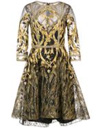 Marchesa Notte Mesh Overlay Metallic Embroidered Dress - Black