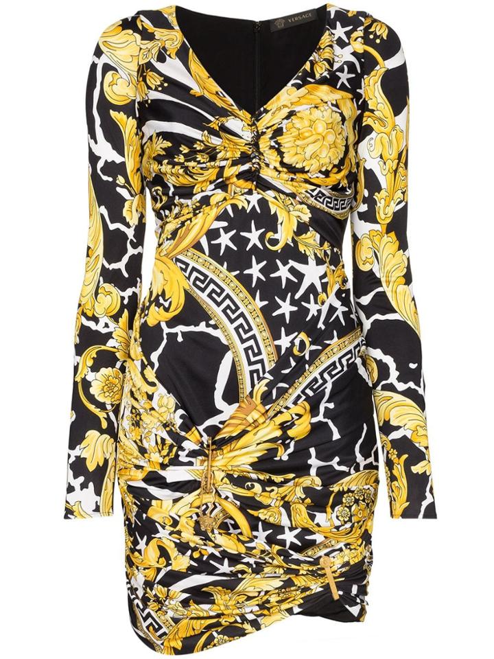 Versace Barocco Print Ruched Mini Dress - Black