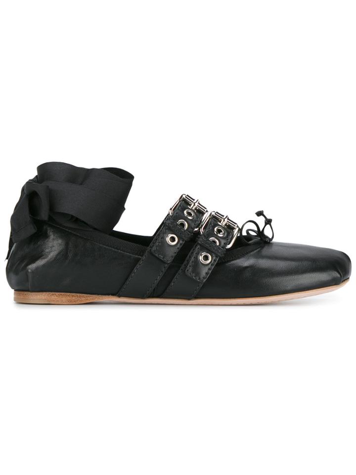 Miu Miu Black Leather Double Buckle Ballerina Flats