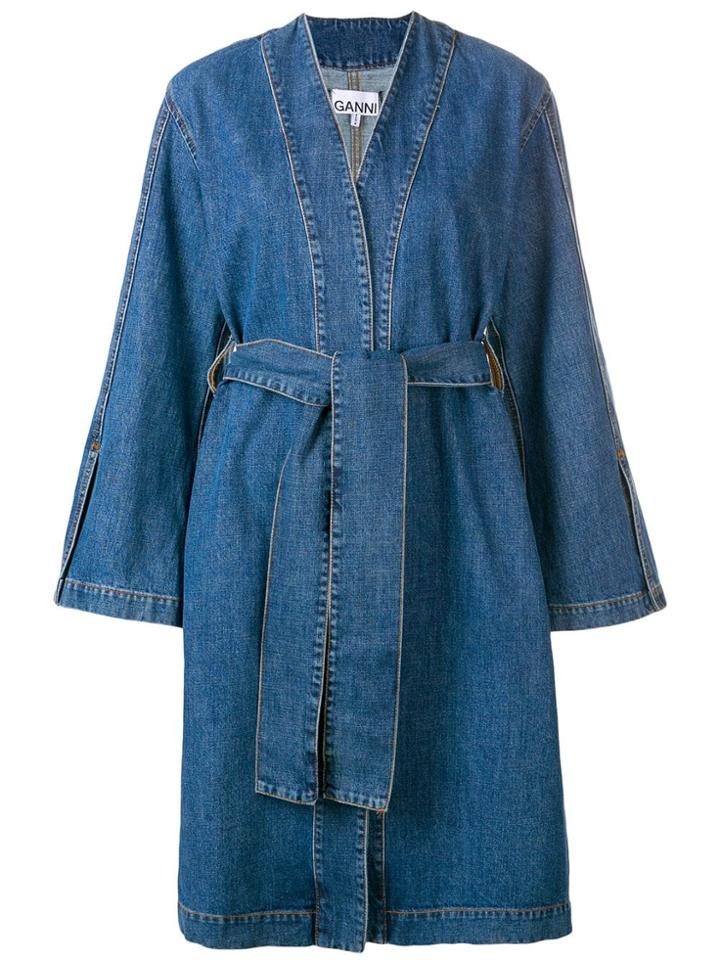 Ganni Denim Tie Waist Coat - Blue
