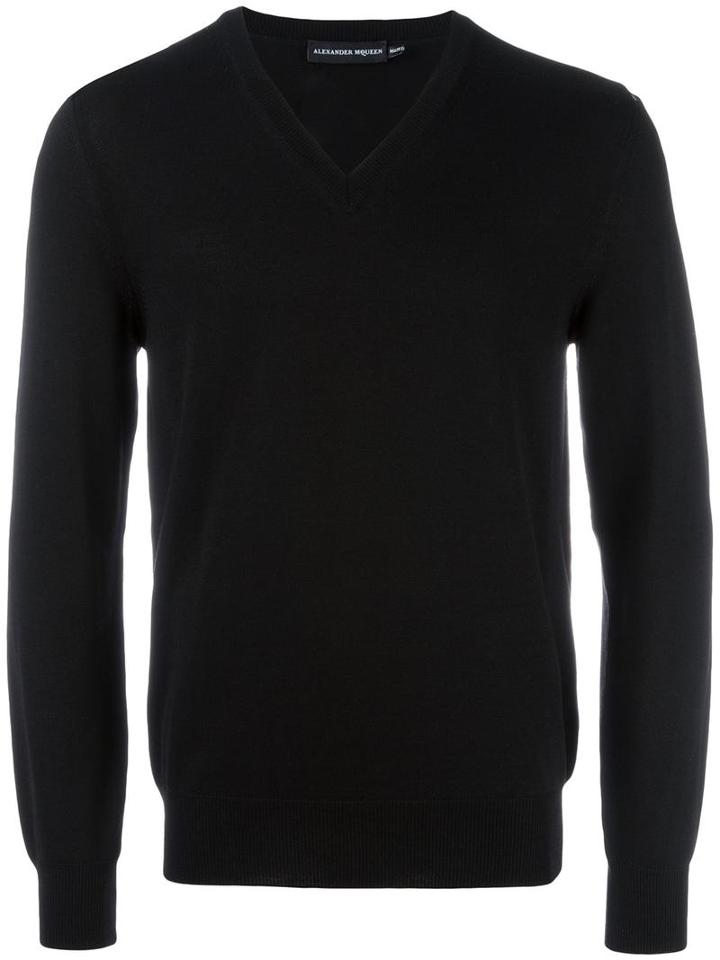 Alexander Mcqueen Deep V Neck Jumper, Men's, Size: Large, Black, Wool
