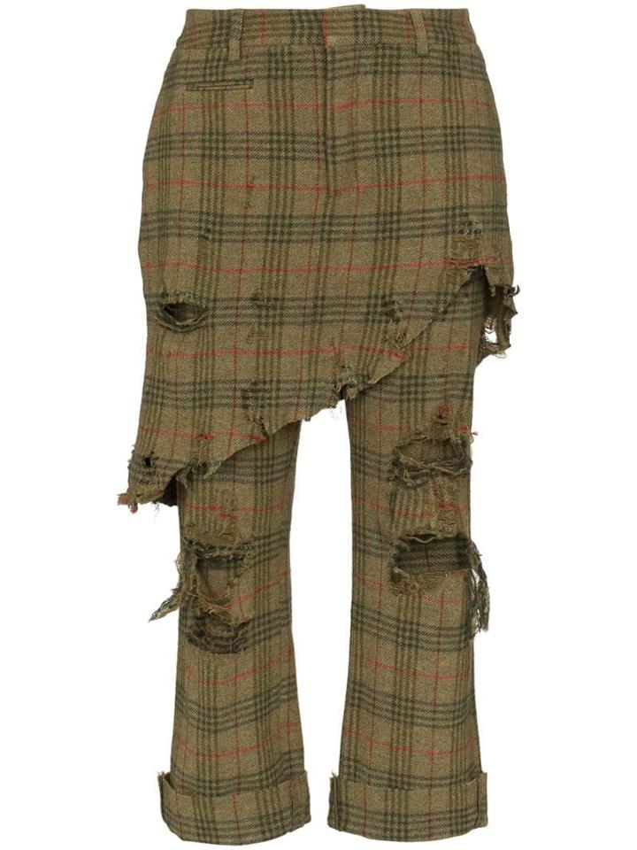 R13 Distressed Skirt Detail Checked Trousers - Green