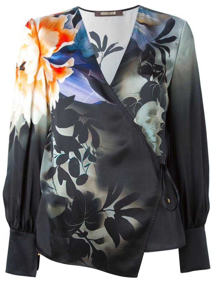 Roberto Cavalli Floral Print Wrap Blouse, Women's, Size: 40, Black, Silk