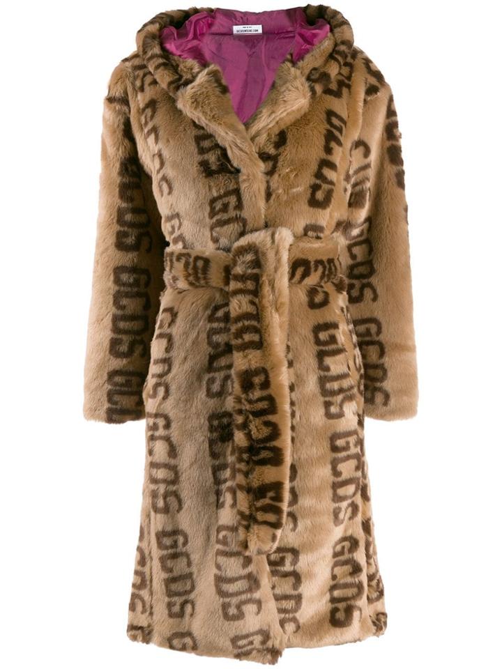 Gcds Faux Fur Logo Coat - Brown