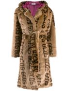 Gcds Faux Fur Logo Coat - Brown