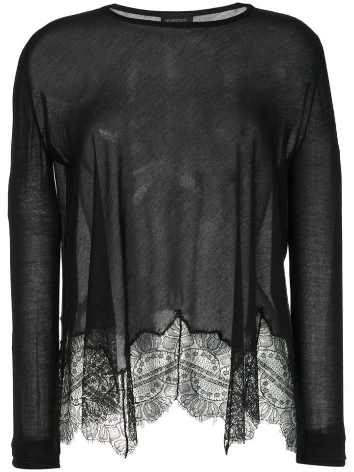 Giambattista Valli Sheer Scalloped Lace Hem Sweater - Black